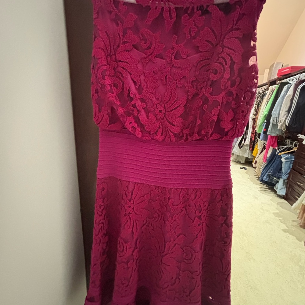 Tadashi Shoji Strapless Lace Dress in Deep Pink